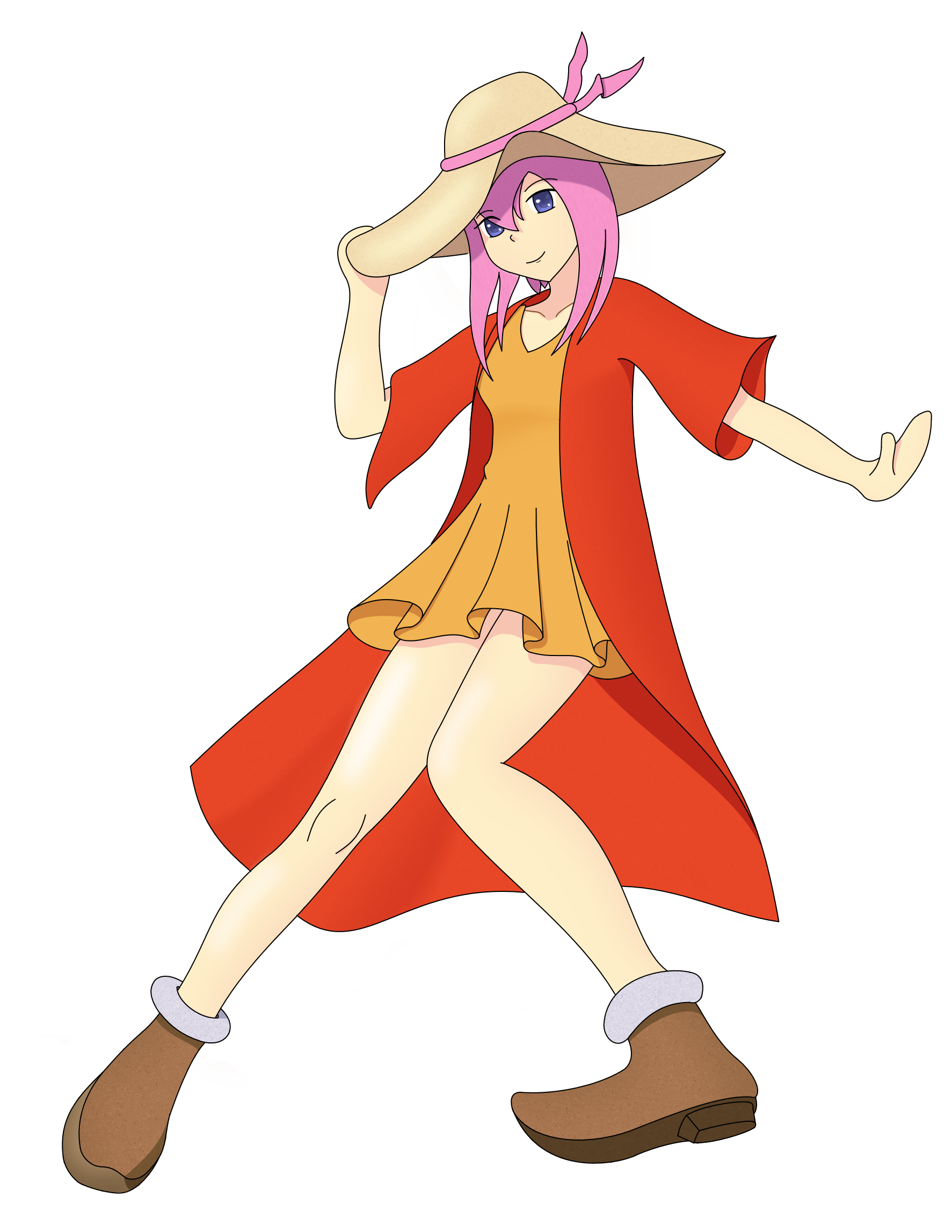 A girl with pink hair wearing a broad sun hat. She's got a yellow skirt and oversized red coat.