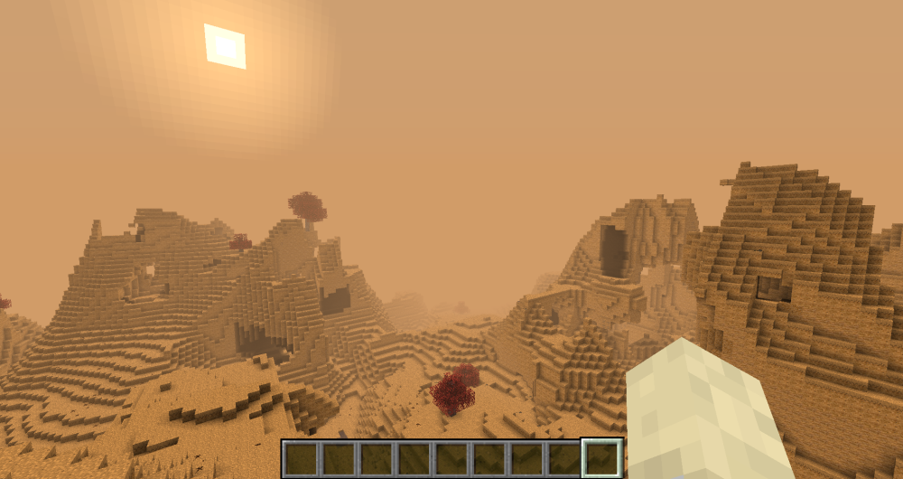 A blocky Minecraft landscape, except the ground and sky are orange, and the trees red.