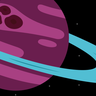 Purple and pink clouds swirl about a planet, twisting into a knot of three deep red storms. An icy blue ring encircles the planet reflecting light from a bright star in the distance.