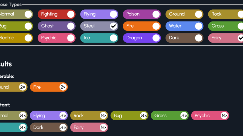 List of types and their relative vulnerabilities and resistances.