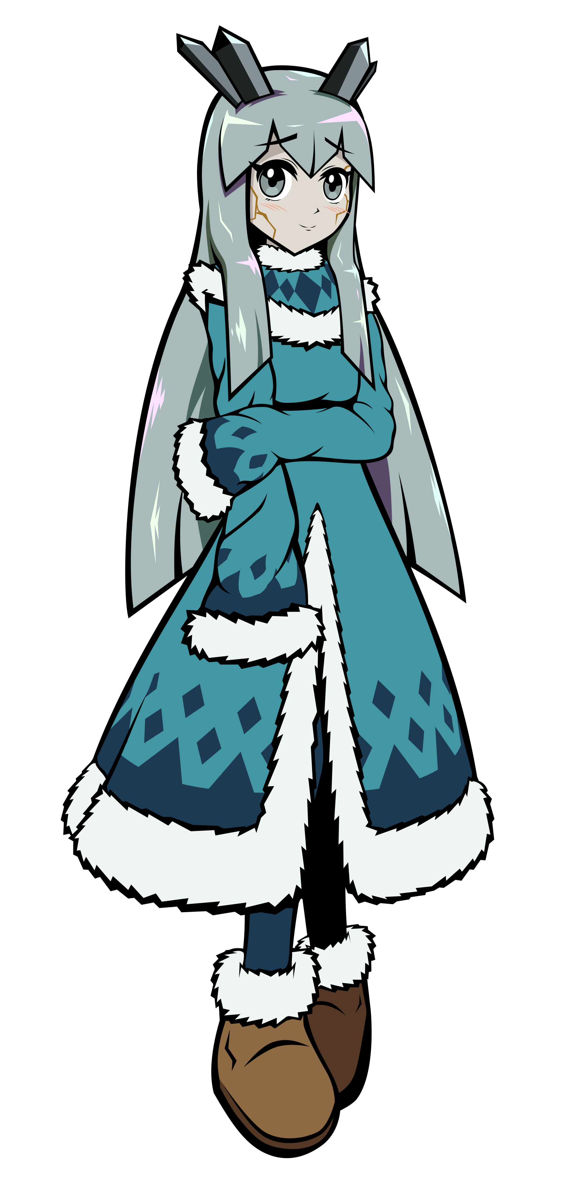 Young woman with iridescent silver hair and a teal parka with navy diamond patterns. Her face has faint yellow glowing cracks, and atop her head are crystalline horns. She grips her elbow timidly.