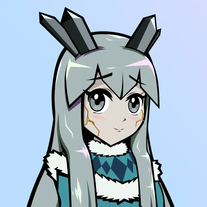 Young woman with iridescent silver hair and a teal parka with navy diamond patterns. Her face has faint yellow glowing cracks, and atop her head are crystalline horns. She grips her elbow timidly.