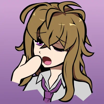 A woman with messy brown hair and bags under her eyes, yawning with one eye sluggishly open.