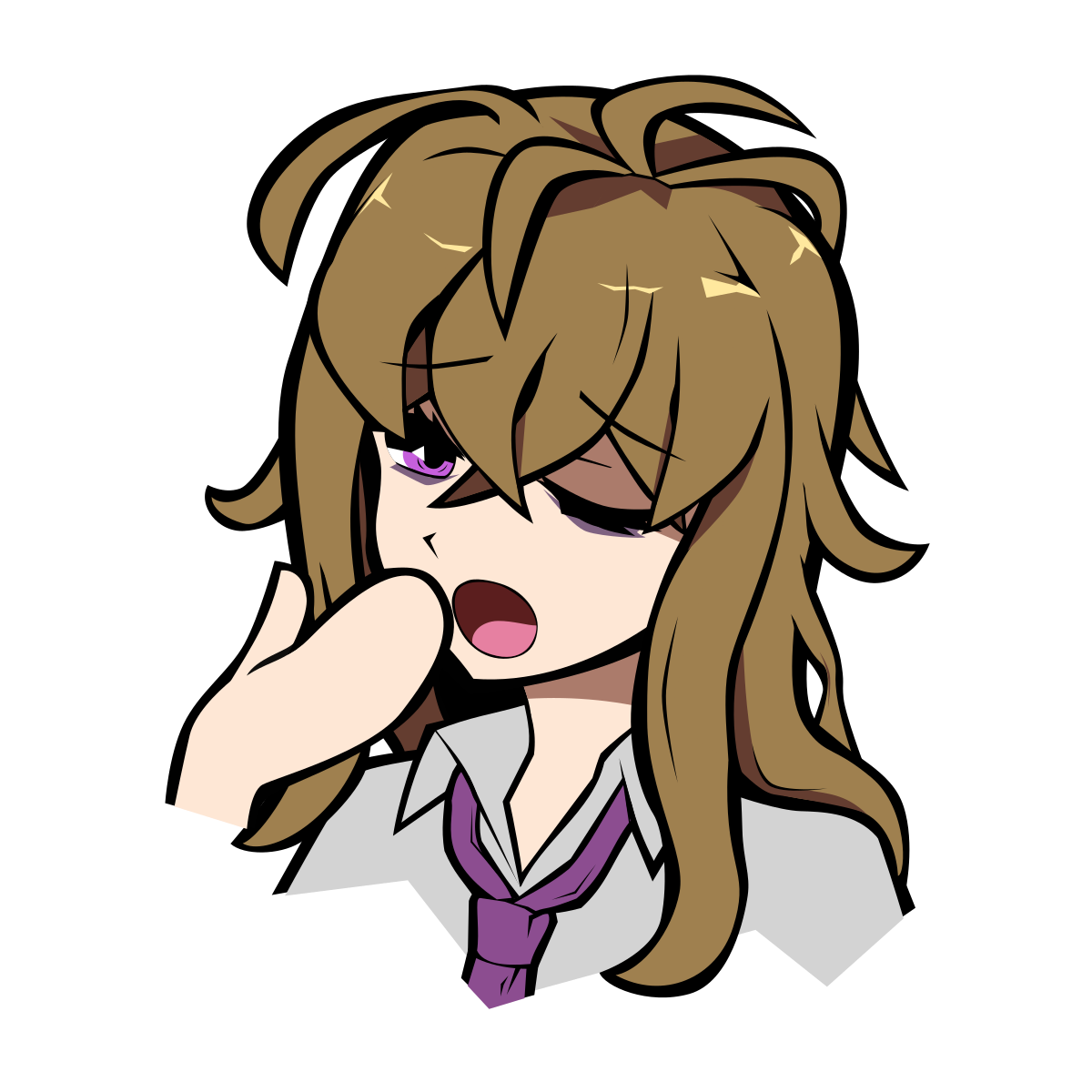A woman with messy brown hair and bags under her eyes, yawning with one eye sluggishly open.