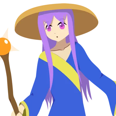 A woman in long, blue robes with purple hair, wearing a circular religious hat. In her hand is a staff with a glowing orange orb on the end.