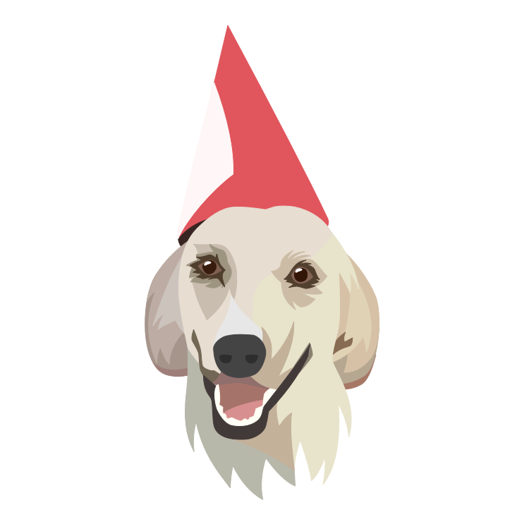 A happy tan dog wearing a red birthday hat.