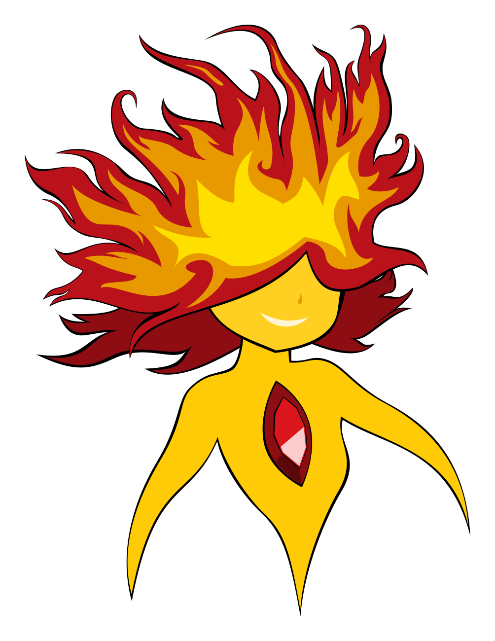 A human-like spirit with flames for hair and a ruby protruding from their chest.