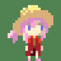 Pixelart depiction of a girl with pink hair and a sun hat.
