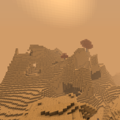 A blocky Minecraft landscape, except the ground and sky are orange, and the trees red.