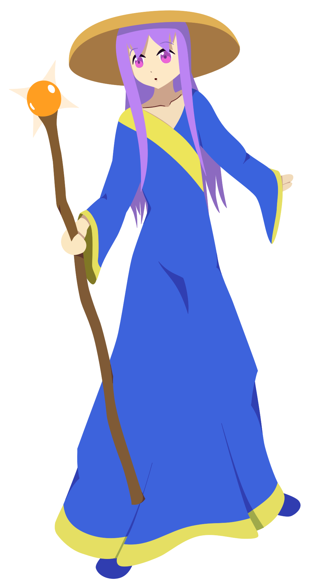 A woman in long, blue robes with purple hair, wearing a circular religious hat. In her hand is a staff with a glowing orange orb on the end.