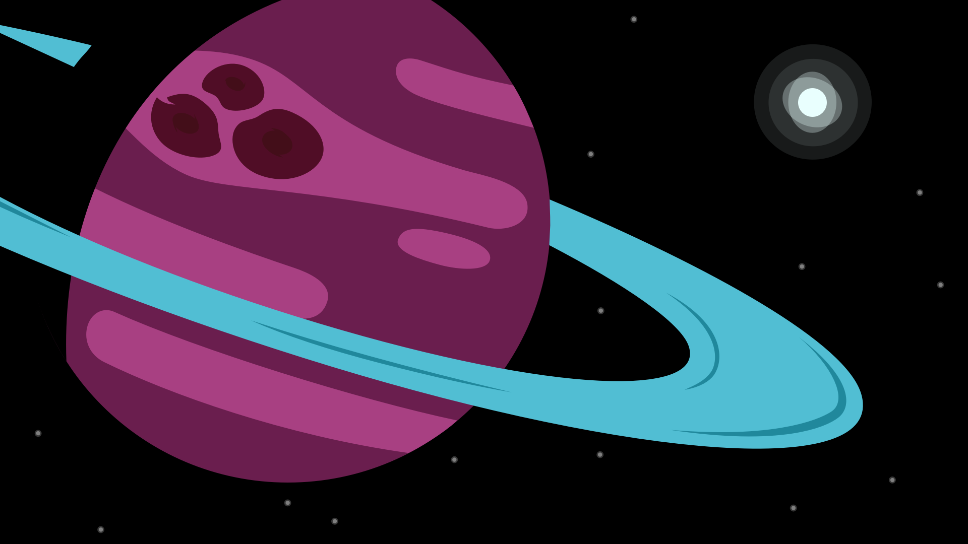 Purple and pink clouds swirl about a planet, twisting into a knot of three deep red storms. An icy blue ring encircles the planet reflecting light from a bright star in the distance.