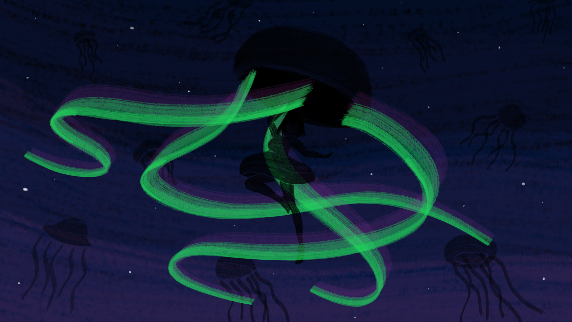 Four glowing green ribbons of aurorae spanning an indigo sky. Etched into the sky are shadows of jellyfish and a woman with an umbrella, from which the aurorae originate.
