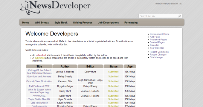 Screenshot of the developer and editor section of the site.