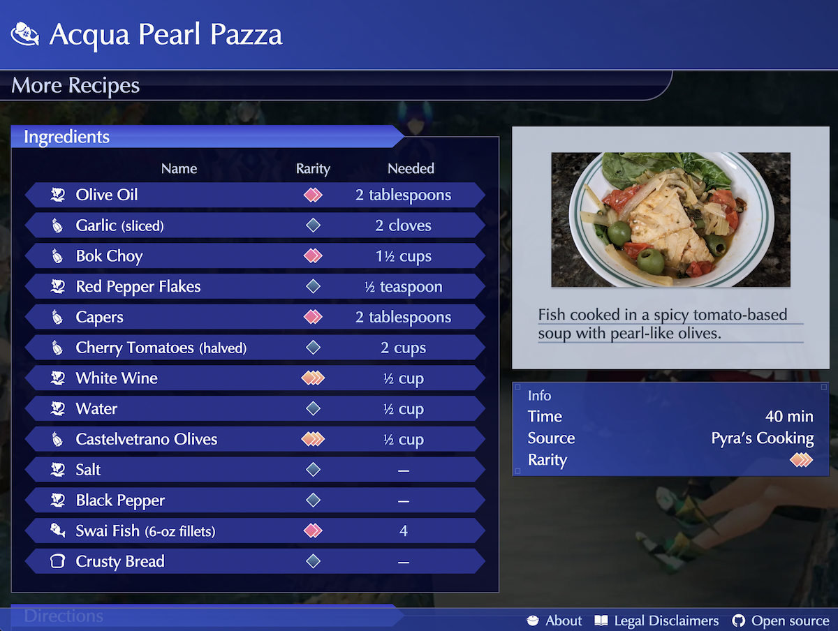 The ingredients list of a fantasy dish called "Acqua Pearl Pazza"