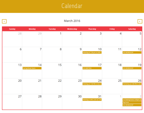 Screenshot of the club's calendar.