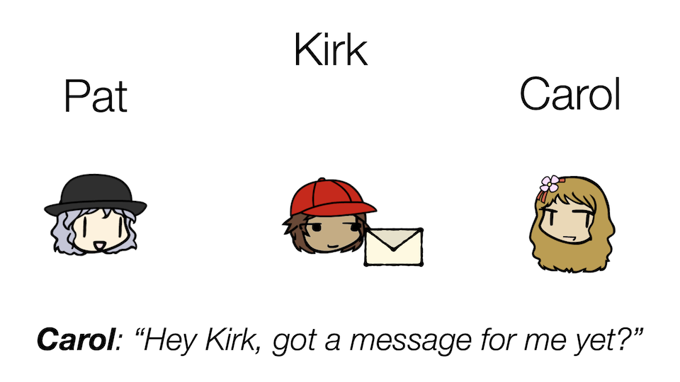 Carol asks, 'Hey Kirk, got a message for me yet?'