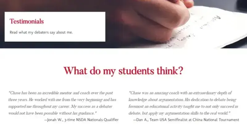 A page on student testimonials.