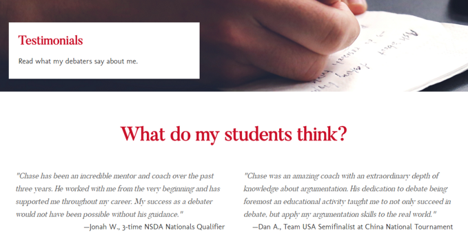 A page on student testimonials.