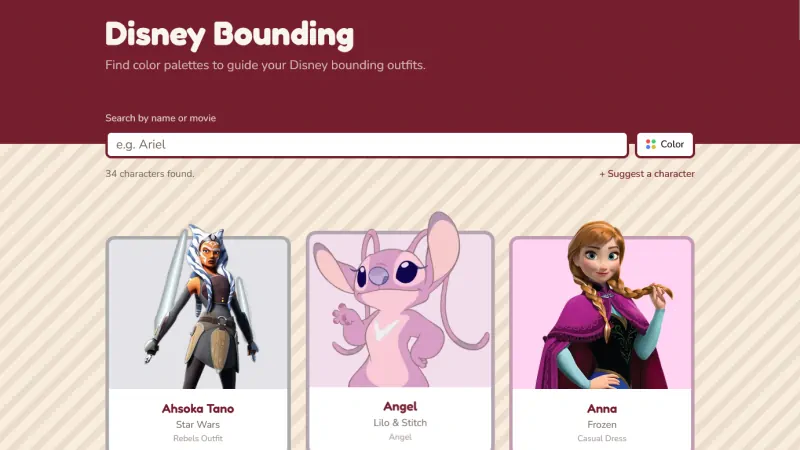 Website showing a grid of disney characters.