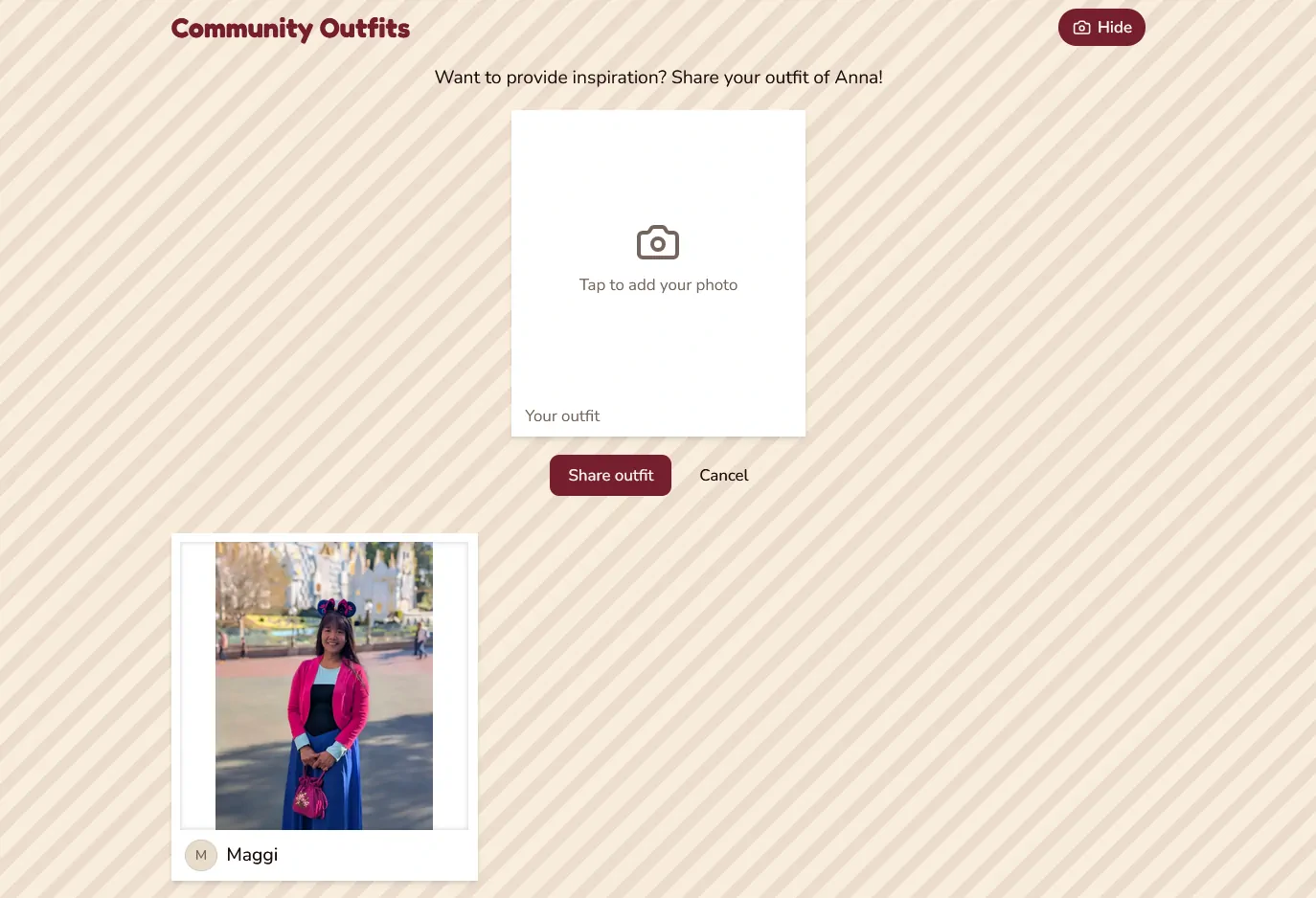 An area showing how to upload images, and an image someone uploaded of themself dressed as Anna.