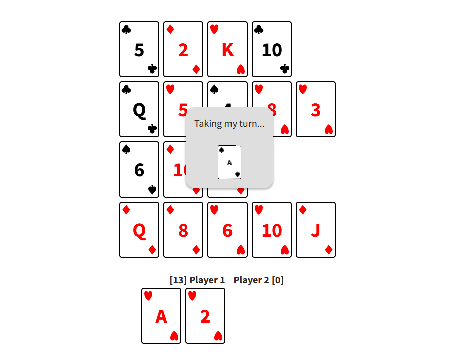 A matrix of cards in a grid, with two cards in the player's pile and a thinking indicator for the AI.