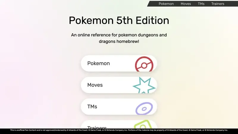 Website showing Pokemon, Moves, TMs, and Trainers as options.