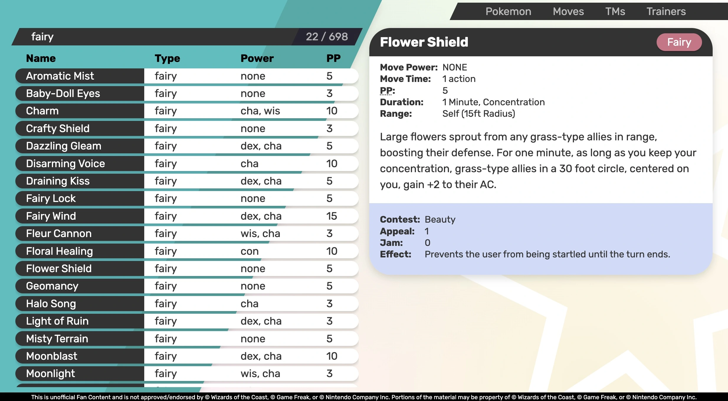 The filter field says 'fairy', with the list showing 22 matching moves.