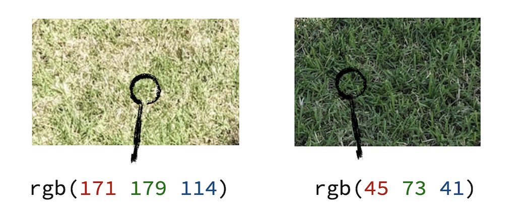 Bright grass is rgb(171 179 114), shaded grass is rgb(45 73 41).