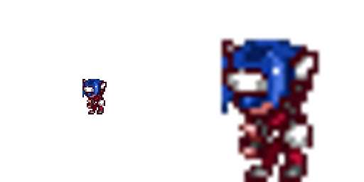 A pixelart blue-haired character is upscaled into a fuzzy mess.
