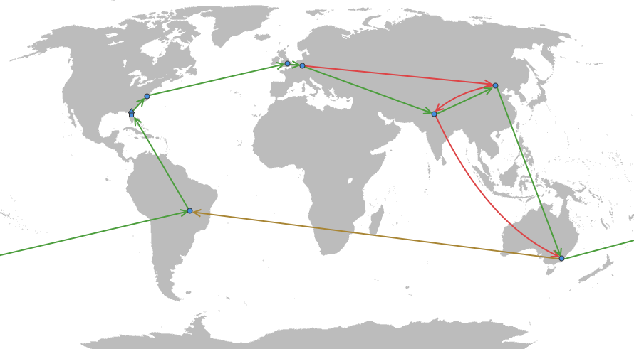 Map of the world with some cities highlighted. Different alternative paths are drawn from city to city.
