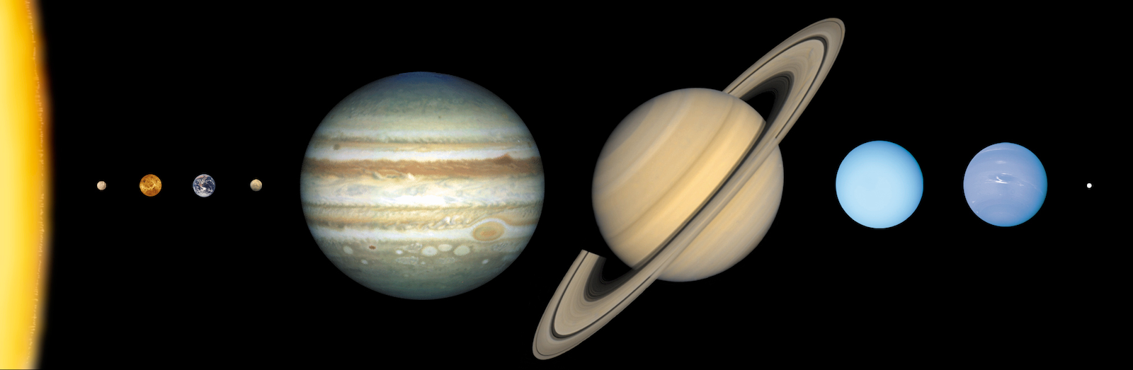 The planets of the solar system are lined up and are of various sizes.